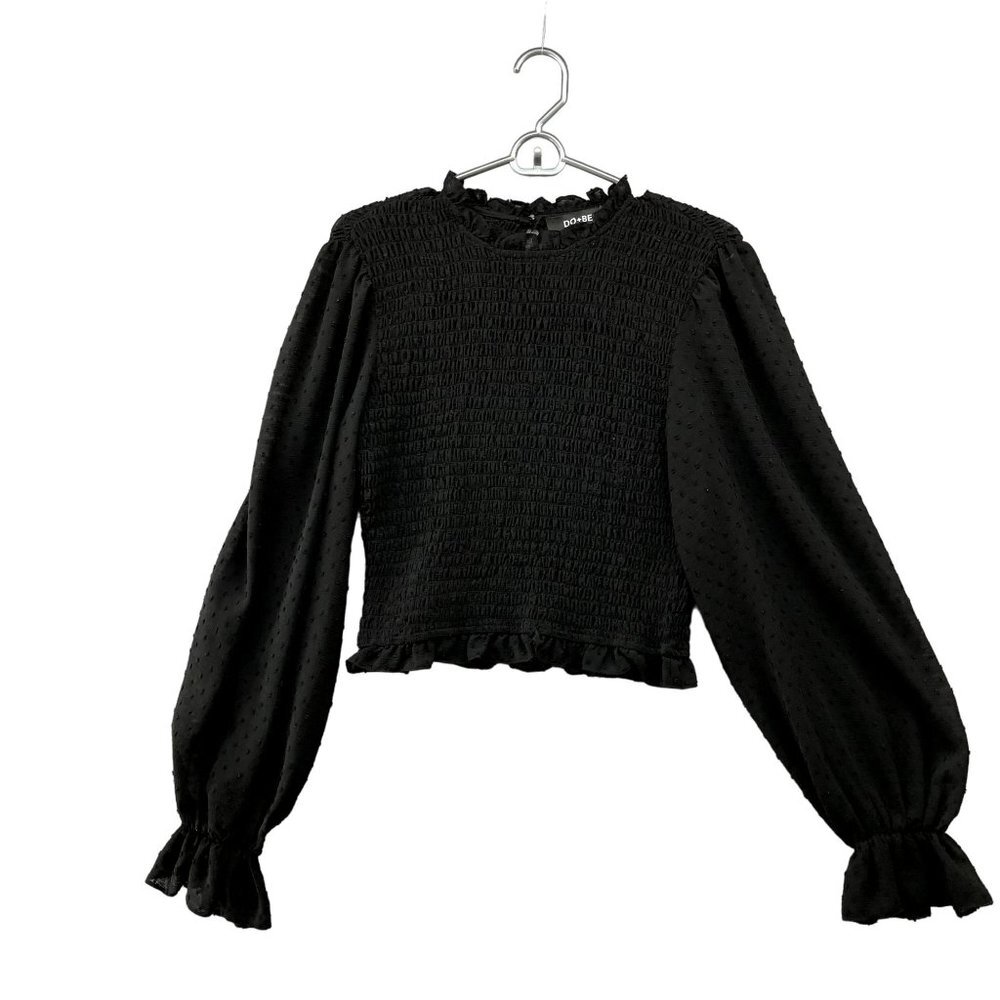 DO+BE Smocked Chiffon Top‎ Womens Medium M Black Balloon Sleeve Swiss Dot